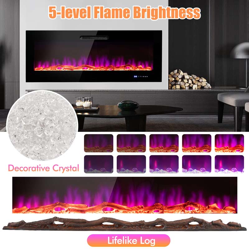 50"/60" Recessed Electric Fireplace Heater, 5000 BTU Wall Mounted Fireplace Insert with Log & Decorative Crystal