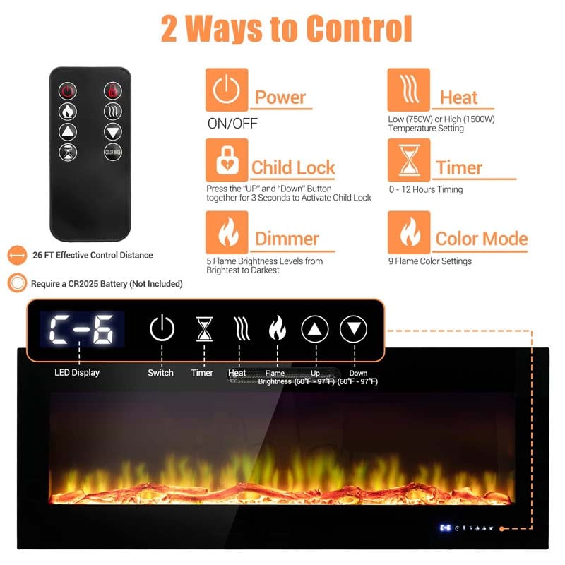 50"/60" Recessed Electric Fireplace Heater, 5000 BTU Wall Mounted Fireplace Insert with Log & Decorative Crystal