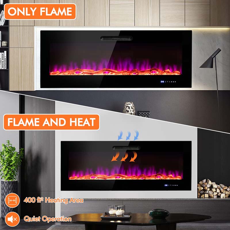 50"/60" Recessed Electric Fireplace Heater, 5000 BTU Wall Mounted Fireplace Insert with Log & Decorative Crystal