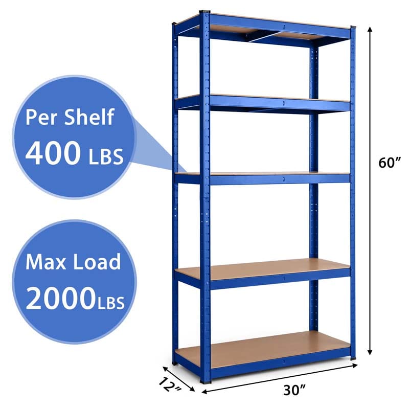 Blue 30" x 12" x 60" 5-Tier Storage Shelving Unit, 2000 lbs Capacity Heavy Duty Metal Utility Shelves, Adjustable Storage Racks