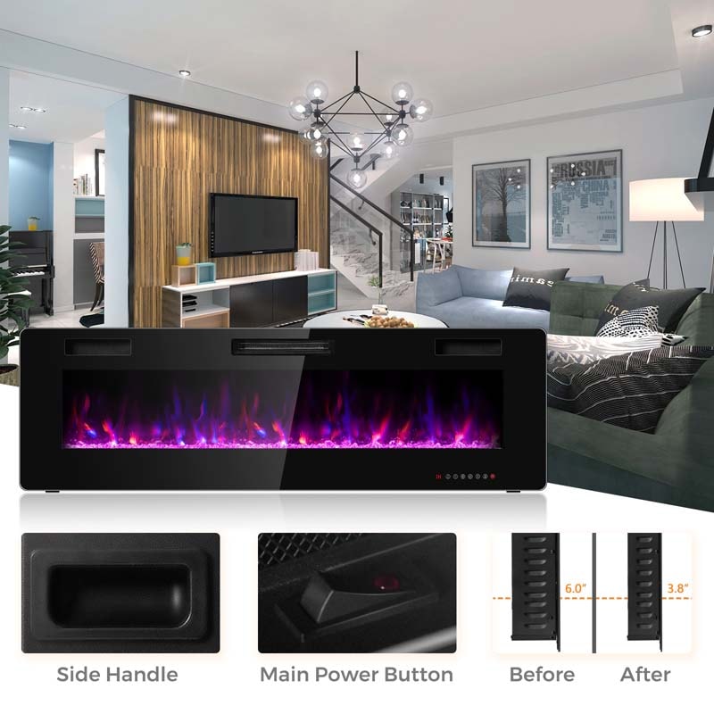 60" Ultra-Thin Electric Fireplace Insert, 1500W Recessed & Wall-mounted Fireplace Heater with 12 Flame Colors