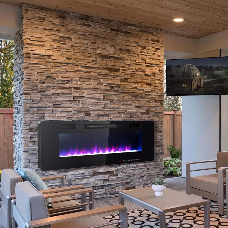 60" Ultra-Thin Electric Fireplace Insert, 1500W Recessed & Wall-mounted Fireplace Heater with 12 Flame Colors