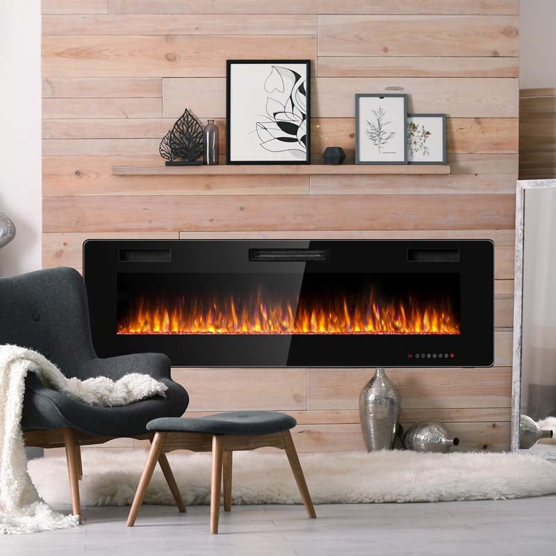 60" Ultra-Thin Electric Fireplace Insert, 1500W Recessed & Wall-mounted Fireplace Heater with 12 Flame Colors