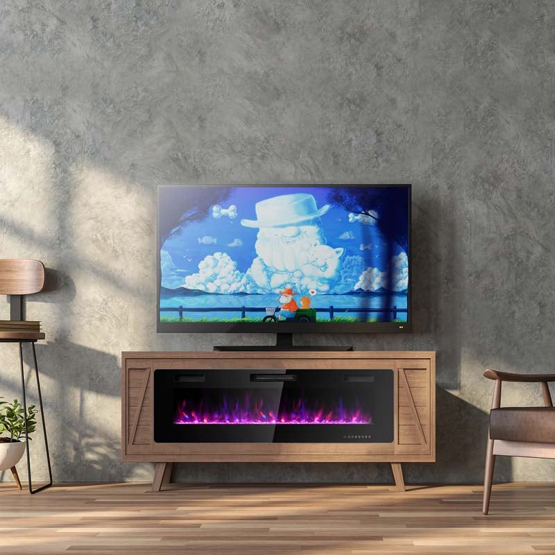 60" Ultra-Thin Electric Fireplace Insert, 1500W Recessed & Wall-mounted Fireplace Heater with 12 Flame Colors