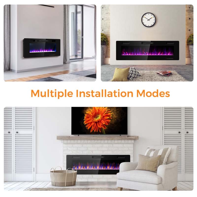 60" Ultra-Thin Electric Fireplace Insert, 1500W Recessed & Wall-mounted Fireplace Heater with 12 Flame Colors