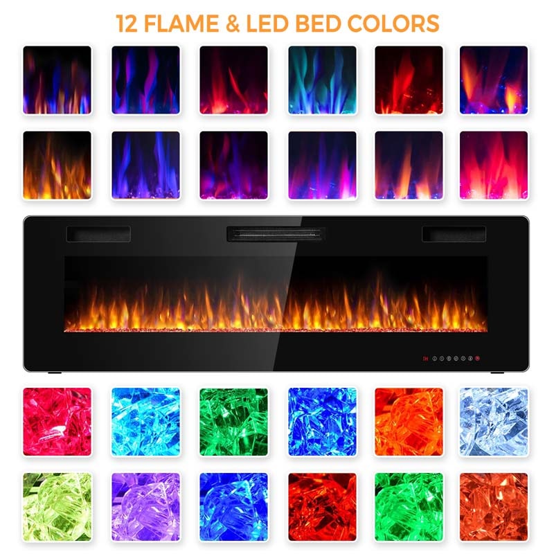 60" Ultra-Thin Electric Fireplace Insert, 1500W Recessed & Wall-mounted Fireplace Heater with 12 Flame Colors