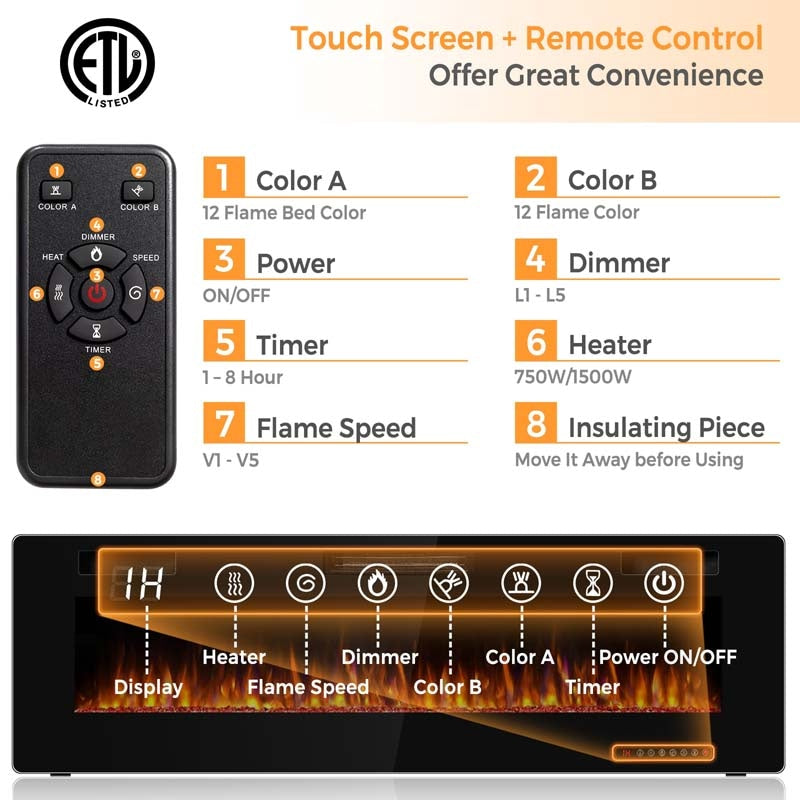 60" Ultra-Thin Electric Fireplace Insert, 1500W Recessed & Wall-mounted Fireplace Heater with 12 Flame Colors