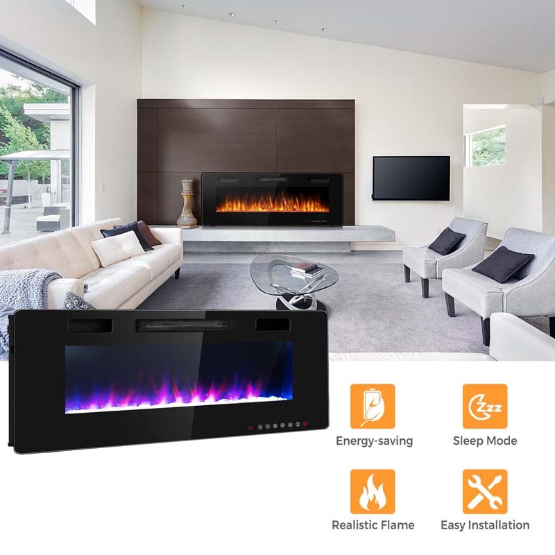 60" Ultra-Thin Electric Fireplace Insert, 1500W Recessed & Wall-mounted Fireplace Heater with 12 Flame Colors