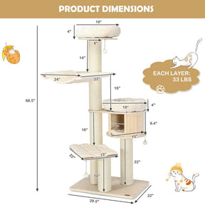 69" Tall Cat Tree, Multi-Level Wooden Cat Tower Condo with Sisal Posts, Modern Big Cat Activity Tree