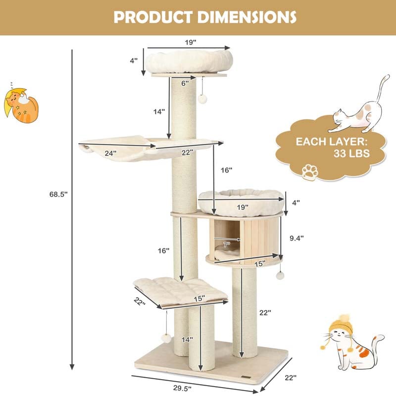 69" Tall Cat Tree, Multi-Level Wooden Cat Tower Condo with Sisal Posts, Modern Big Cat Activity Tree