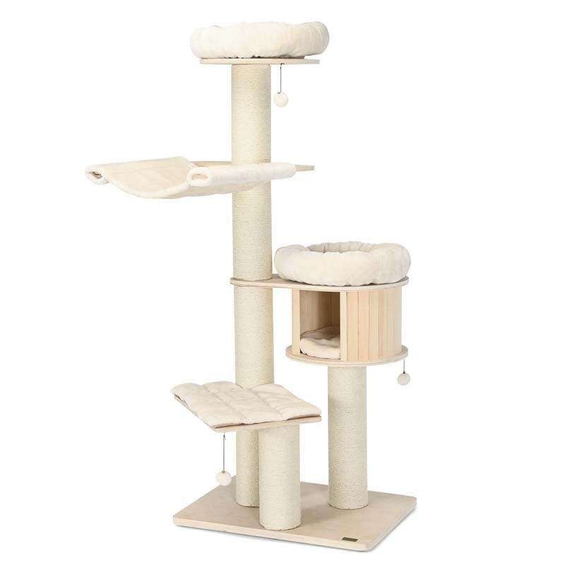 69" Tall Cat Tree, Multi-Level Wooden Cat Tower Condo with Sisal Posts, Modern Big Cat Activity Tree