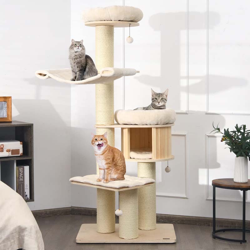69" Tall Cat Tree, Multi-Level Wooden Cat Tower Condo with Sisal Posts, Modern Big Cat Activity Tree