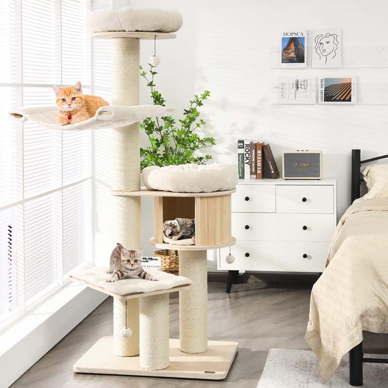 69" Tall Cat Tree, Multi-Level Wooden Cat Tower Condo with Sisal Posts, Modern Big Cat Activity Tree