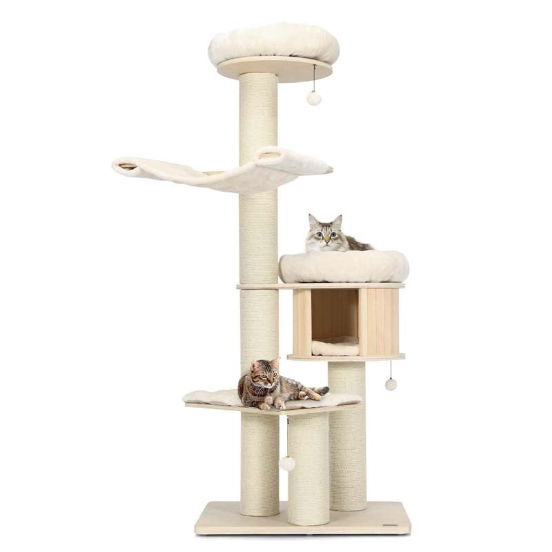 69" Tall Cat Tree, Multi-Level Wooden Cat Tower Condo with Sisal Posts, Modern Big Cat Activity Tree