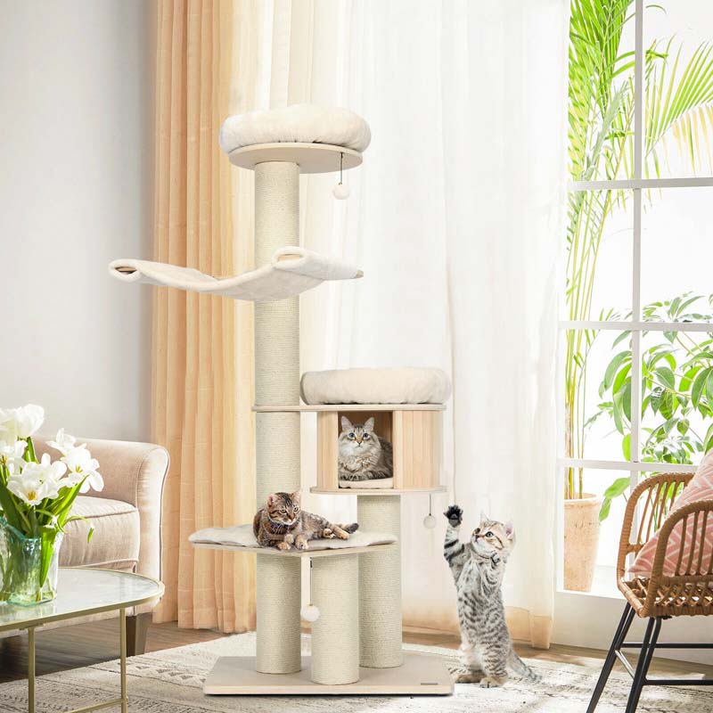 69" Tall Cat Tree, Multi-Level Wooden Cat Tower Condo with Sisal Posts, Modern Big Cat Activity Tree