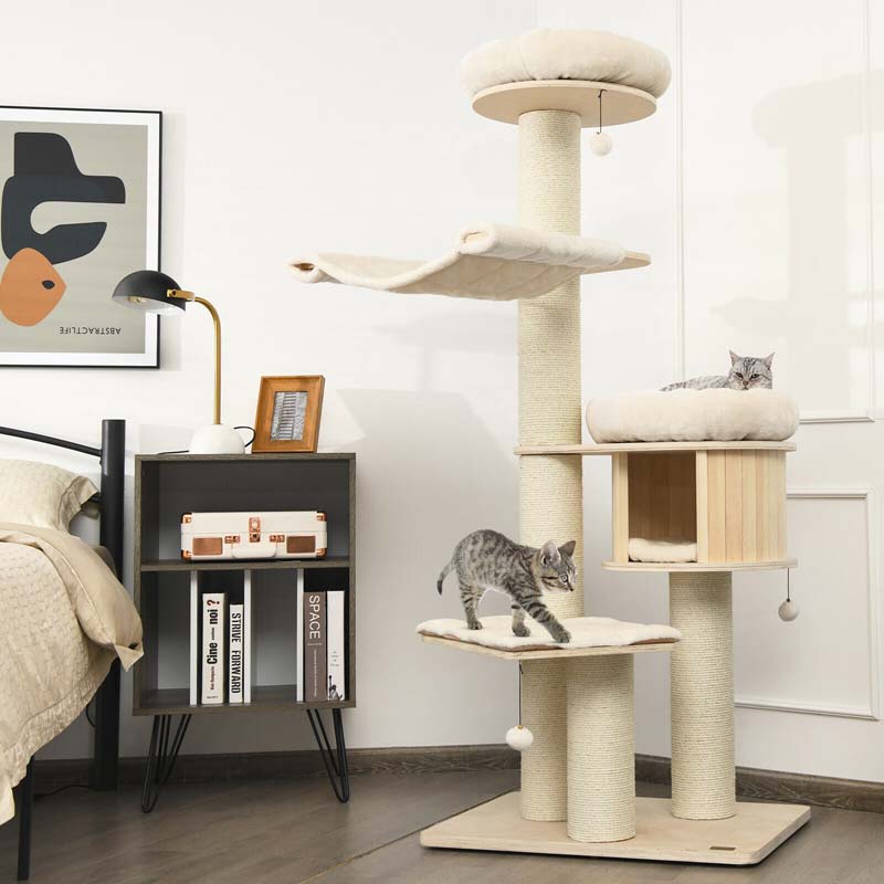 69" Tall Cat Tree, Multi-Level Wooden Cat Tower Condo with Sisal Posts, Modern Big Cat Activity Tree