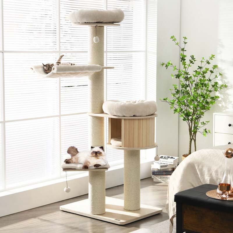 69" Tall Cat Tree, Multi-Level Wooden Cat Tower Condo with Sisal Posts, Modern Big Cat Activity Tree