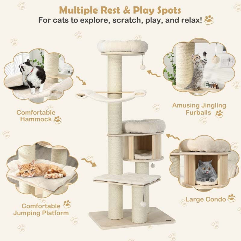 69" Tall Cat Tree, Multi-Level Wooden Cat Tower Condo with Sisal Posts, Modern Big Cat Activity Tree