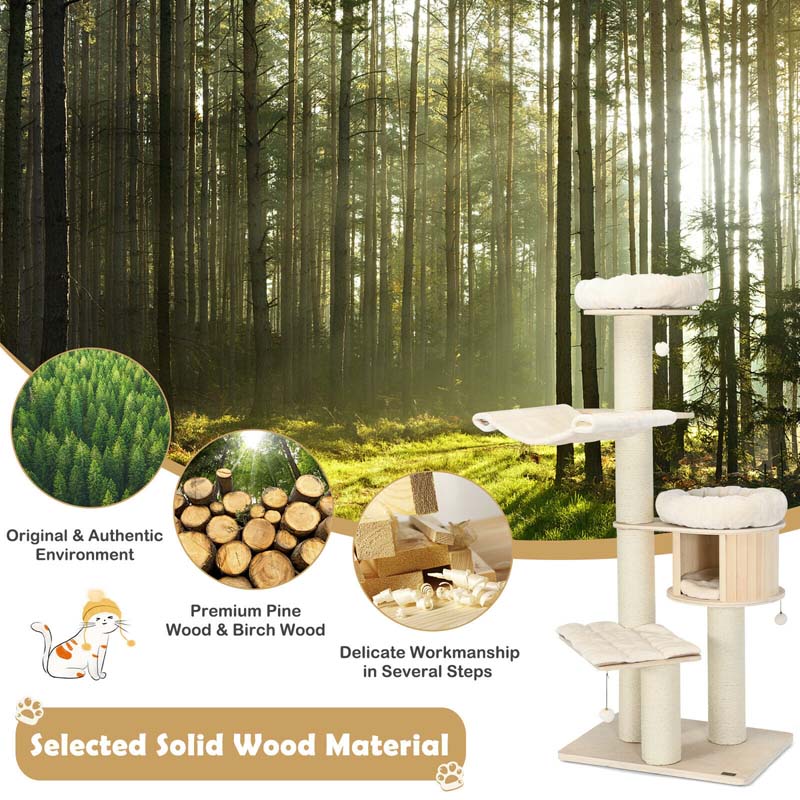 69" Tall Cat Tree, Multi-Level Wooden Cat Tower Condo with Sisal Posts, Modern Big Cat Activity Tree
