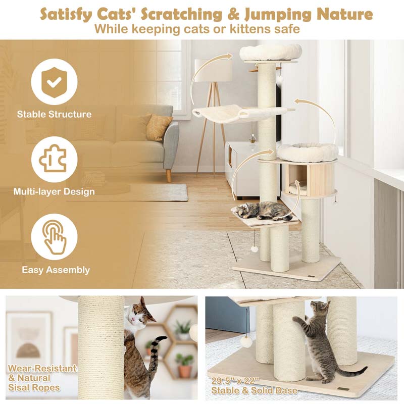 69" Tall Cat Tree, Multi-Level Wooden Cat Tower Condo with Sisal Posts, Modern Big Cat Activity Tree