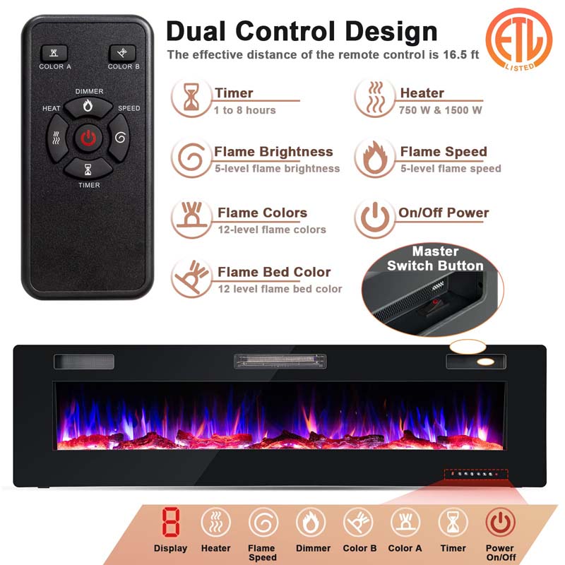 68" Ultra-Thin Recessed Electric Fireplace Insert, 5100 BTU Wall Mounted Fireplace Heater with Crystal Log Decoration