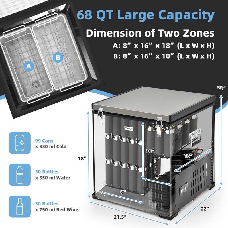 68 Quart Portable Car Refrigerator Fridge Cooler Chest Freezer with DC & AC Adapter