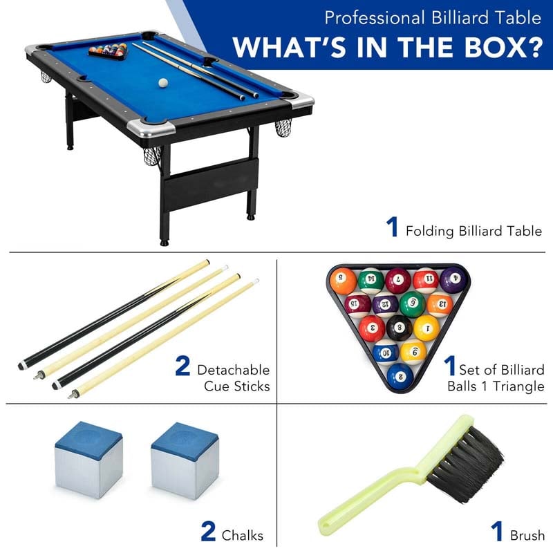 6FT Folding Pool Table for Adults & Kids, 76 Inch Portable Foldable Billiard Table with Locking Legs, Adjustable Feet & Full Accessory Kit