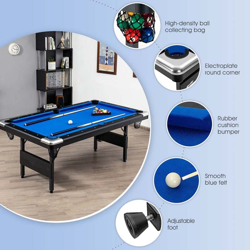6FT Folding Pool Table for Adults & Kids, 76 Inch Portable Foldable Billiard Table with Locking Legs, Adjustable Feet & Full Accessory Kit