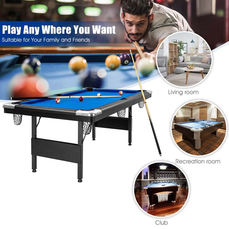 6FT Folding Pool Table for Adults & Kids, 76 Inch Portable Foldable Billiard Table with Locking Legs, Adjustable Feet & Full Accessory Kit