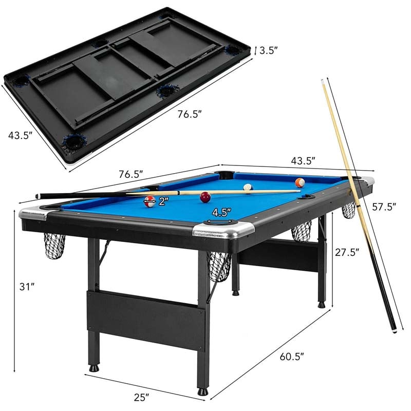 6FT Folding Pool Table for Adults & Kids, 76 Inch Portable Foldable Billiard Table with Locking Legs, Adjustable Feet & Full Accessory Kit