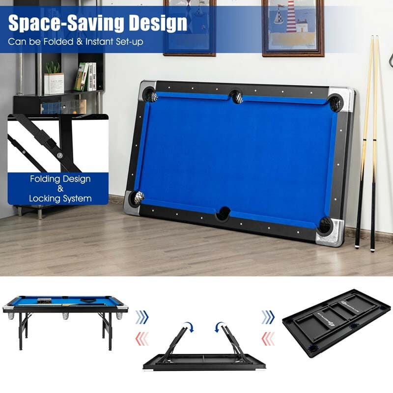 6FT Folding Pool Table for Adults & Kids, 76 Inch Portable Foldable Billiard Table with Locking Legs, Adjustable Feet & Full Accessory Kit