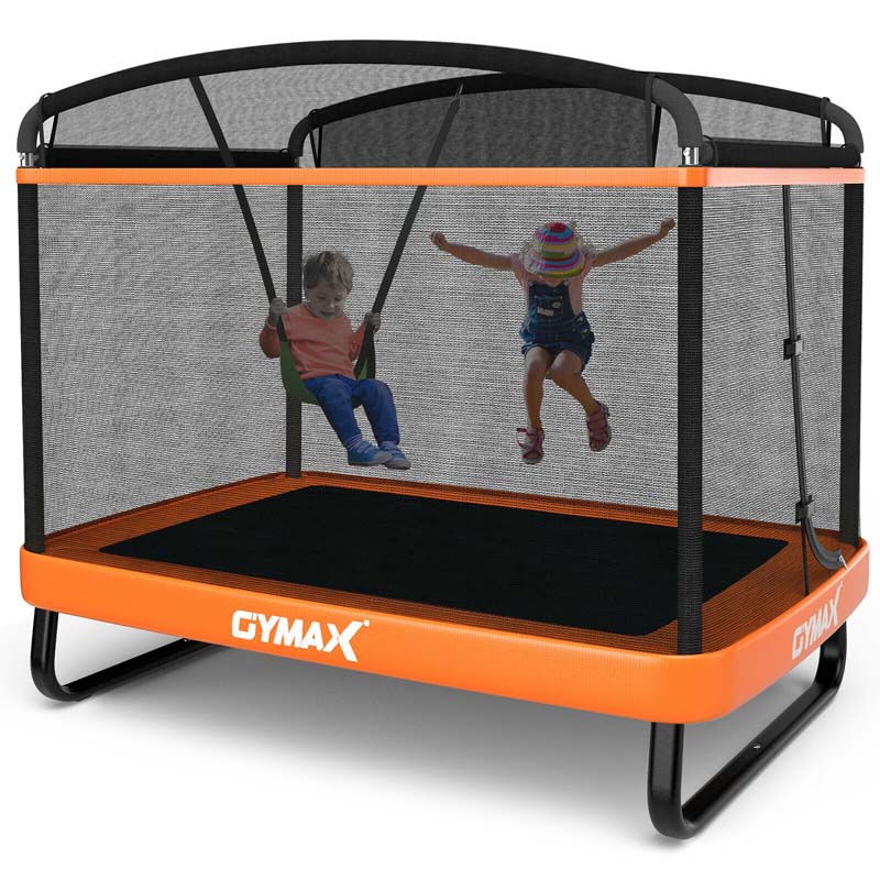 6 FT Kids Trampoline with Swing & Safety Fence, ASTM Approved Toddler Rectangle Trampoline for 3-8 Year Old