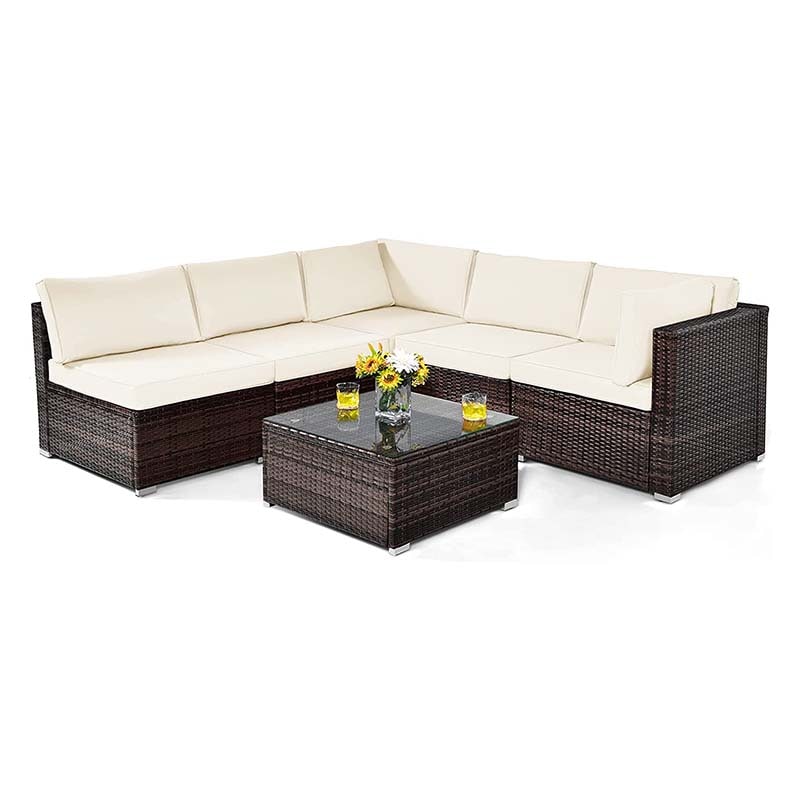 6 Pcs Rattan Patio Sectional Sofa Set Outdoor Conversation Furniture Set with Cushions & Glass Coffee Table