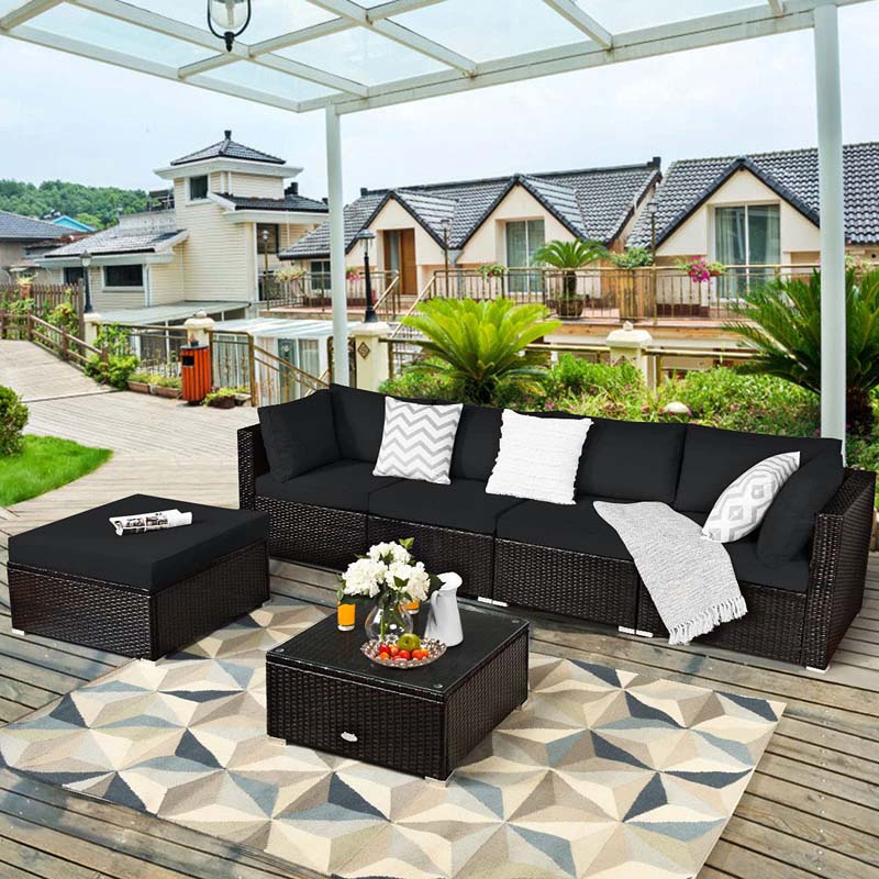 6 Pcs Outdoor Rattan Sectional Sofa Set with Coffee Table & Removable Seat & Back Cushions