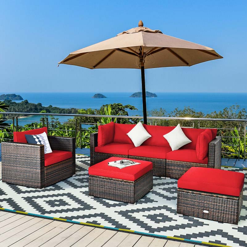 6 Pcs Patio Rattan Sectional Furniture Set Outdoor Conversation Sofa Set with Cushions