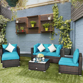 6 Pcs Patio Rattan Sectional Furniture Set Outdoor Conversation Sofa Set with Cushions