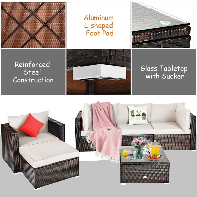 6 Pcs Patio Rattan Sectional Furniture Set Outdoor Conversation Sofa Set with Cushions