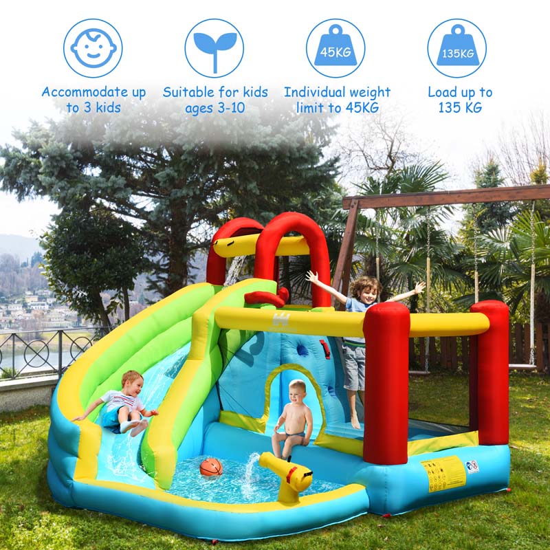 6-in-1 Kids Inflatable Bounce House Water Park with Slide, Splash Pool, Trampoline, Climbing Wall & Water Gun Rim for Outdoor Backyard Party Gifts