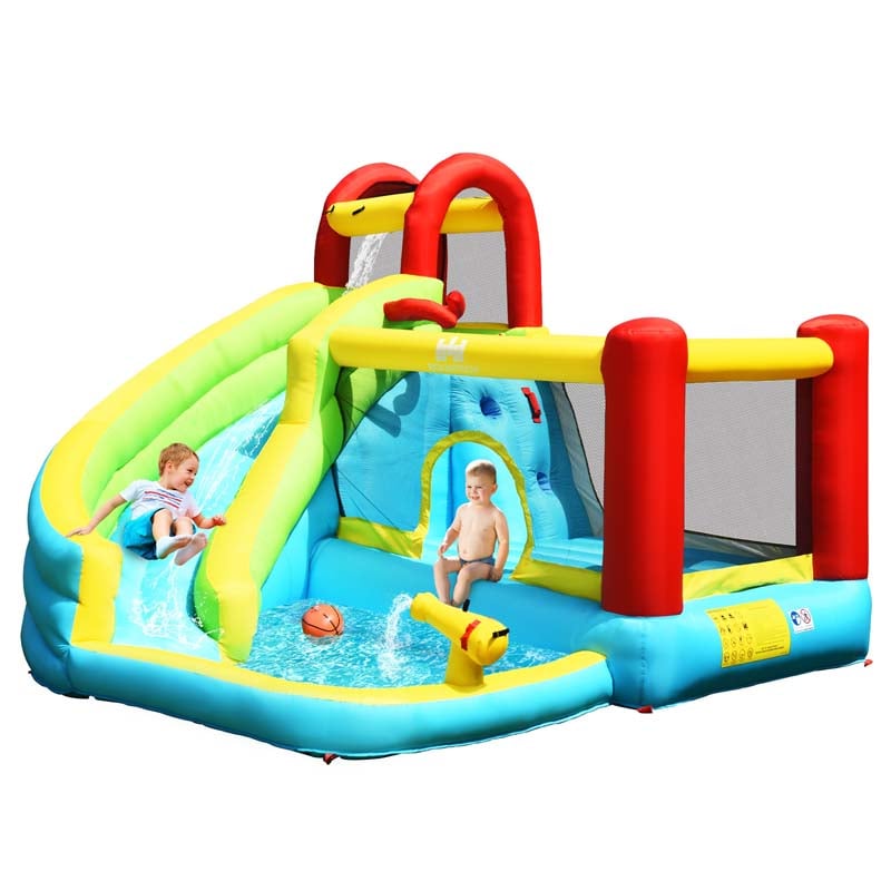 6-in-1 Kids Inflatable Bounce House Water Park with Trampoline, Splash Pool, Climbing Wall, Water Slide & Gun, Basketball Rim