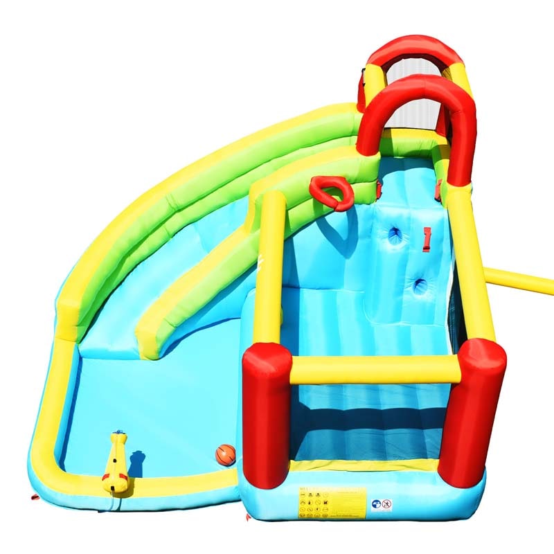 6-in-1 Kids Inflatable Bounce House Water Park with Slide, Splash Pool, Trampoline, Climbing Wall & Water Gun Rim for Outdoor Backyard Party Gifts
