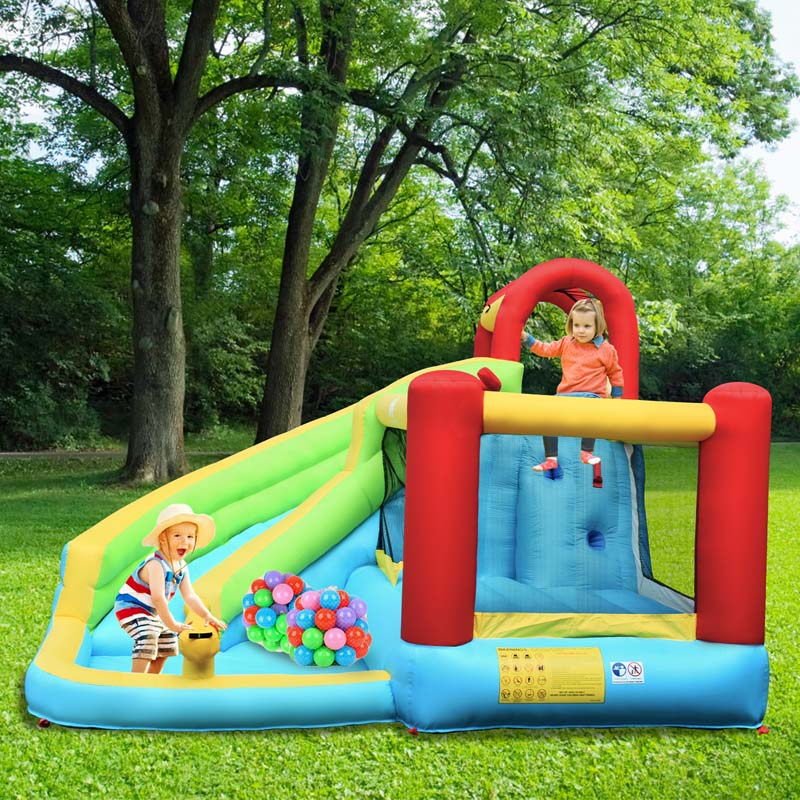 6-in-1 Kids Inflatable Bounce House Water Park with Trampoline, Splash Pool, Climbing Wall, Water Slide & Gun, Basketball Rim