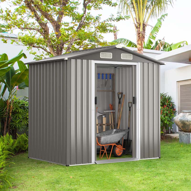 6 x 4 FT Outdoor Metal Storage Shed with Lockable Sliding Doors & 4 Air Vents, Waterproof Garden Tool Storage Room