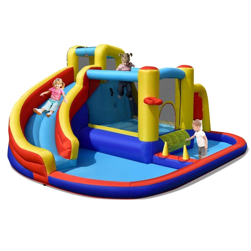7-in-1 Inflatable Water Slide, Kids Giant Bouncy Castle Water Park with 2 Splash Pools, Climbing Wall & Toy Pendulum for Outdoor Backyard Party Fun