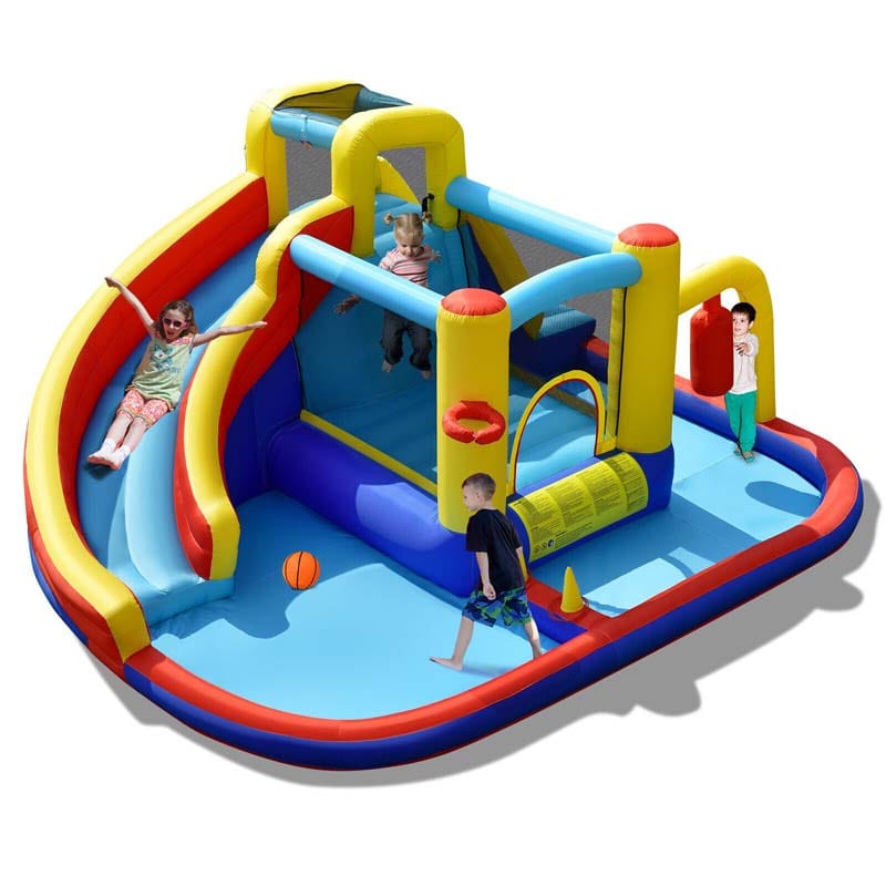 7-in-1 Inflatable Water Slide, Kids Giant Bouncy Castle Water Park with 2 Splash Pools, Climbing Wall & Toy Pendulum for Outdoor Backyard Party Fun