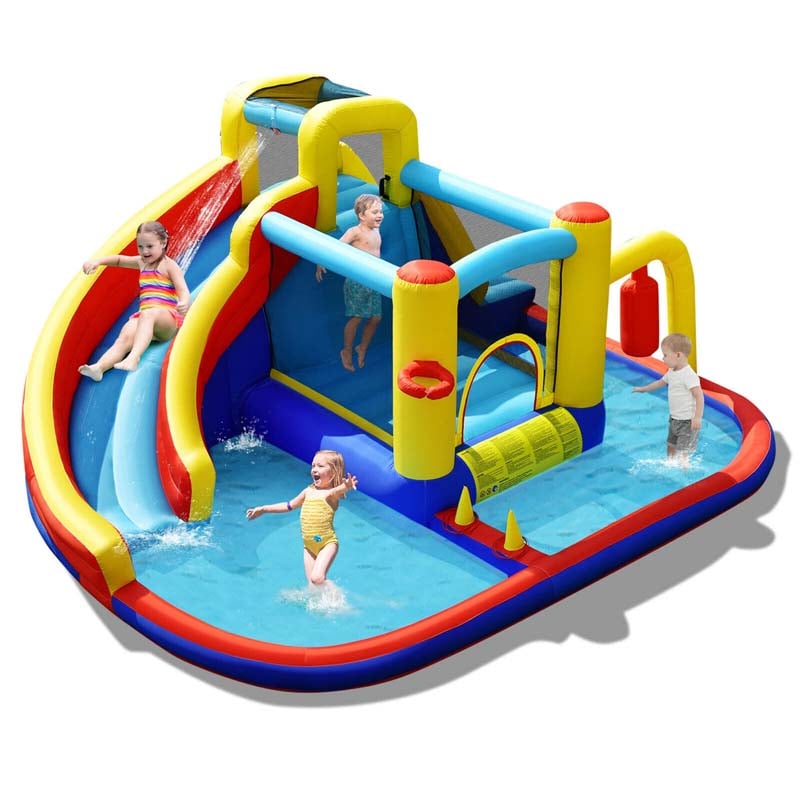 7-in-1 Inflatable Water Slide, Kids Giant Bouncy Castle Water Park with 2 Splash Pools, Climbing Wall & Toy Pendulum for Outdoor Backyard Party Fun