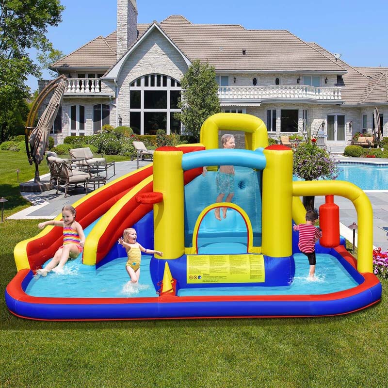 7-in-1 Inflatable Water Slide, Kids Giant Bouncy Castle Water Park with 2 Splash Pools, Climbing Wall & Toy Pendulum for Outdoor Backyard Party Fun