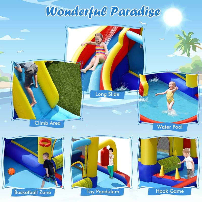7-in-1 Inflatable Water Slide, Kids Giant Bouncy Castle Water Park with 2 Splash Pools, Climbing Wall & Toy Pendulum for Outdoor Backyard Party Fun