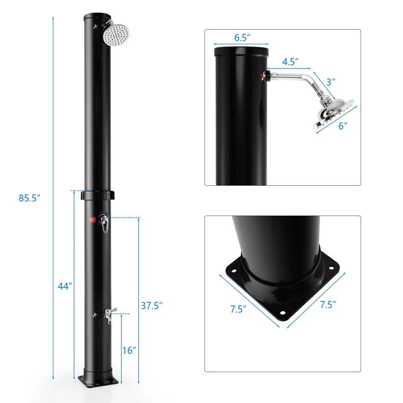 7.2 FT 10 Gallon Solar-Heated Outdoor Shower, 360° Swivel Shower Head Freestanding Shower for Poolside Beach