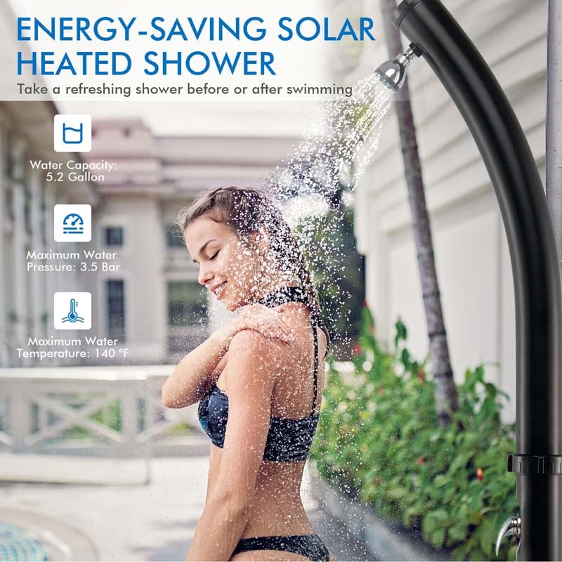 7.2 FT 5.3 Gallon Outdoor Solar-Heated Shower with 360° Rotating Shower Head & Foot Shower for Poolside Beach