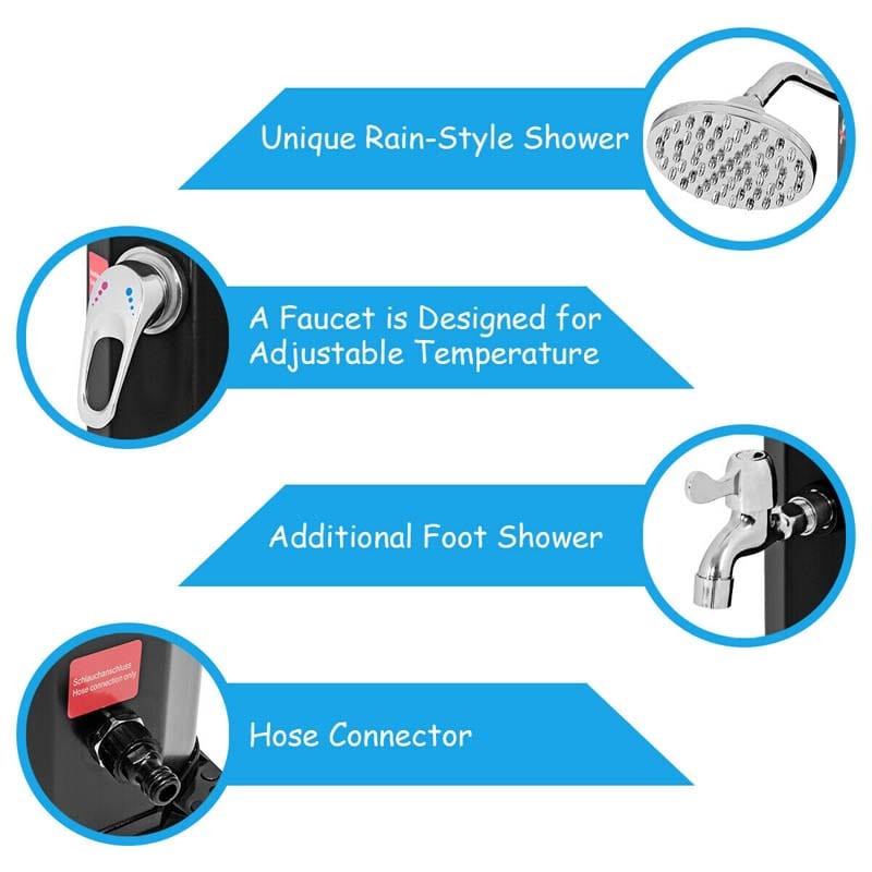 7.2 FT 9.3 Gallon Solar Heated Shower for Poolside Beach Spa, 2-Section Outdoor Shower with Foot Shower Tap
